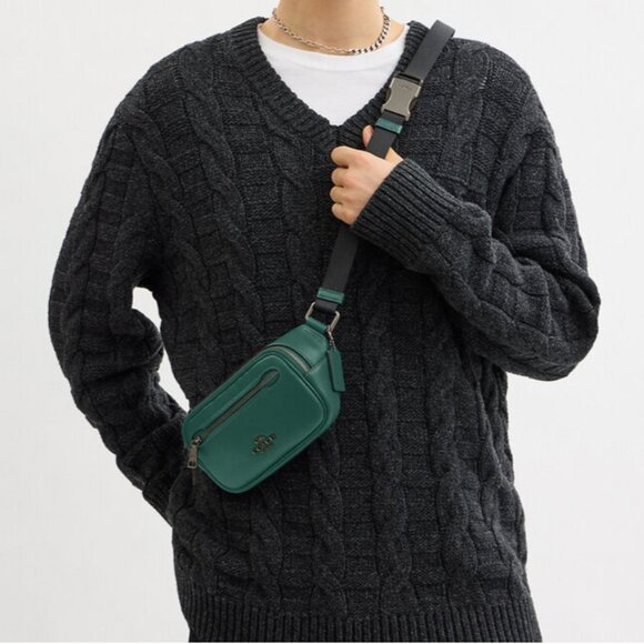 NWT COACH Elias Mini Belt Bag - Refined Pebble Leather - CR190 Gunmetal/Emerald - Picture 1 of 4